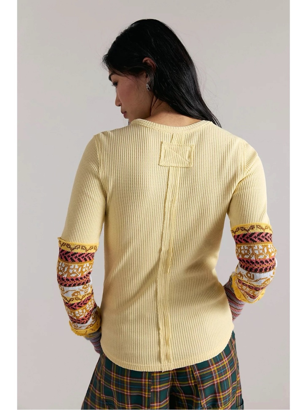 Free People All In Cuff Grunge 90s Thermal Sweater Crewneck Top Large Yellow - Picture 4 of 11